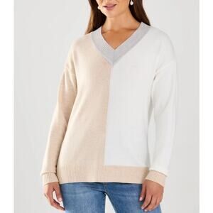 FDJ Oatmix Color Block Long Sleeve V-Neck Sweater Women's Medium
